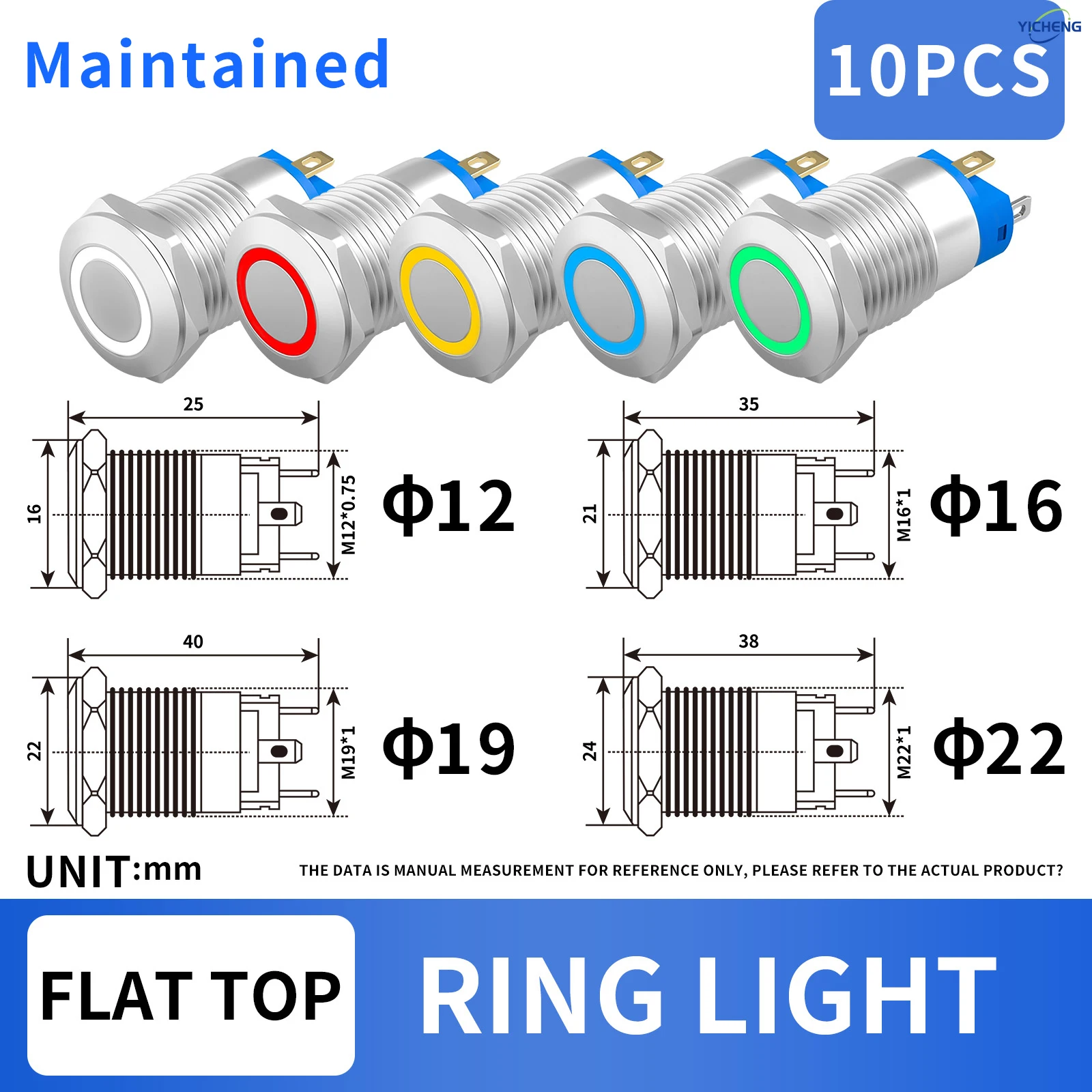 10pcs 12mm Stainless Steel Button Switch, Waterproof IP67, LED Lamp Voltage 3V~220V Optional AC/DC .SOCKET WIRE