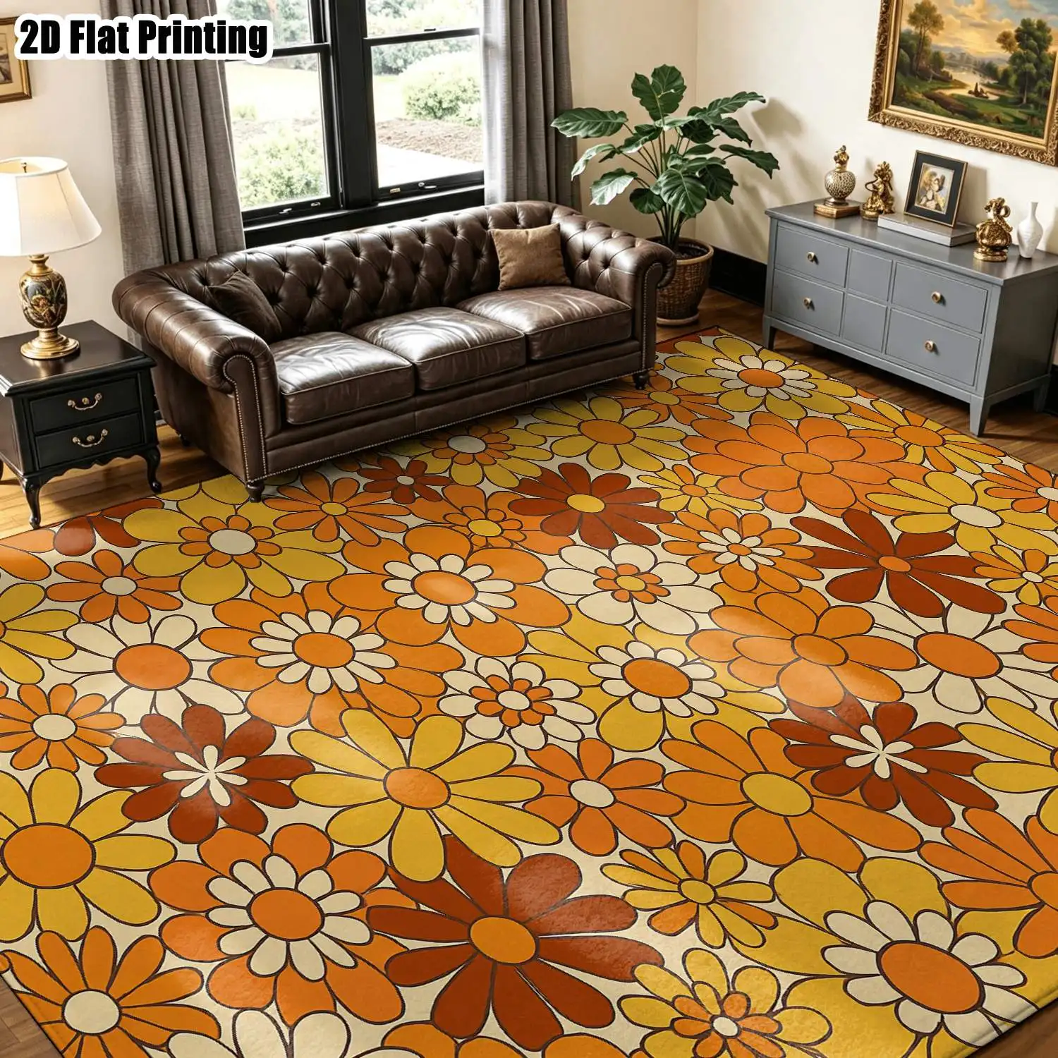 1Pc 2D Printed Retro Orange Floral Carpet, Also in European & Bohemian Styles, Machine Washable, Multi-Size for Home Decor, Entrance, Dining, Bedroom, Living Room