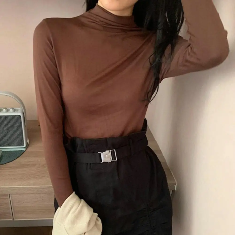 

Women Bottoming Top Slim Long Sleeve Half Turtleneck High Elasticity Pullover Warm Solid Color Autumn Winter Lady Basic Blouse