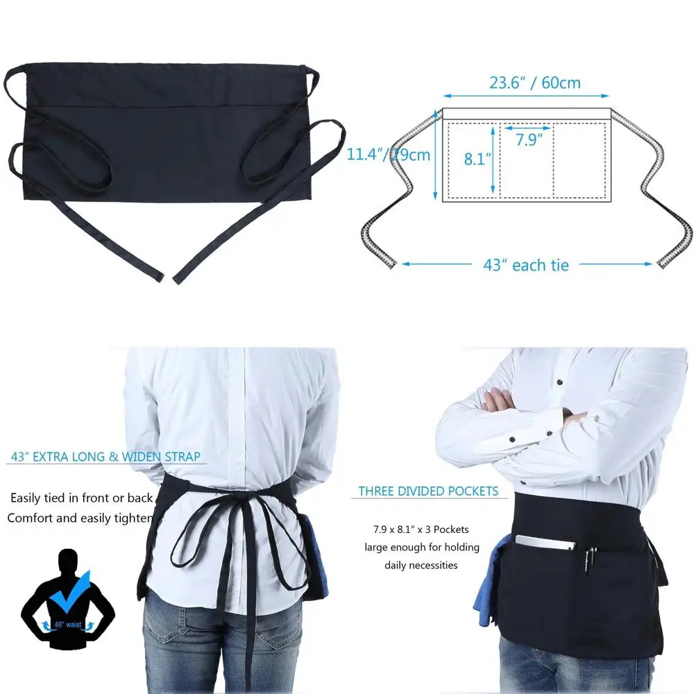 

Black Short Waist Apron with 3 Pockets for Waitstaff and Servers, Ideal for Restaurant and Bar Use