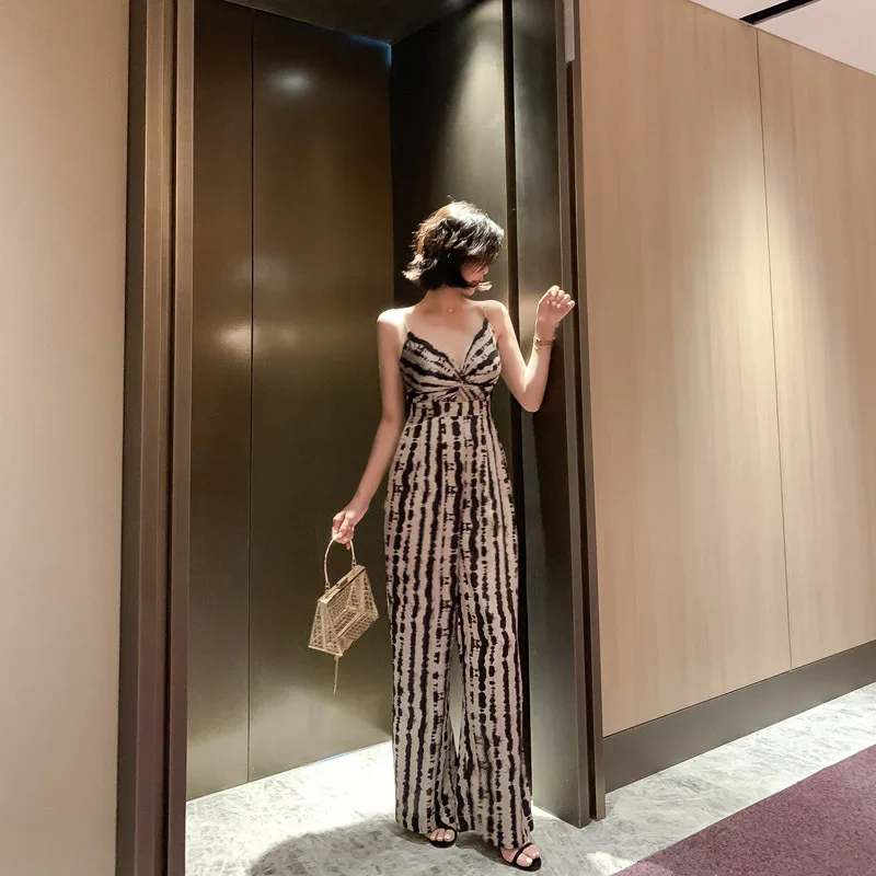 Pantaloni sexy in V in un unico pezzo Pantaloni estivi da donna con stampa leopardata liscia Dra a gamba larga Casual a vita alta in fibra di poliestere