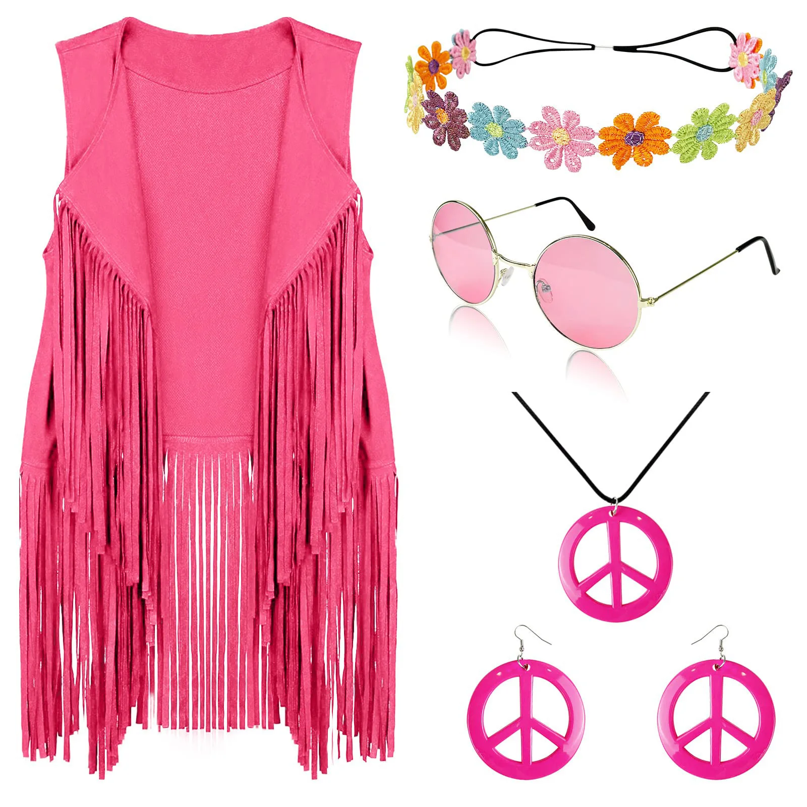 Disco Fashion Dress Sets Woman Holiday Party Hippie Accessories Female Fringe Coat Hip Hop Eyewear Earrings Cosplay Costume