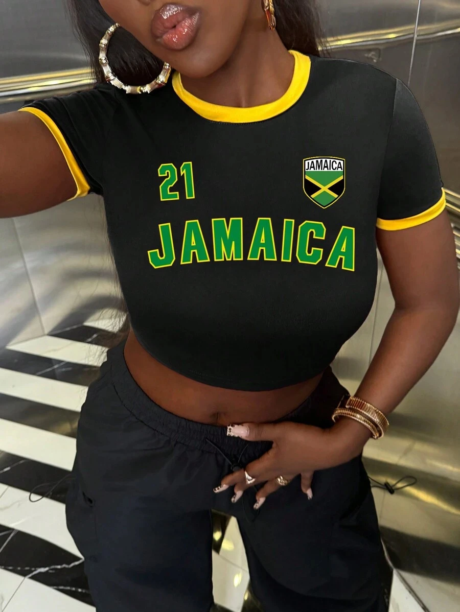 المرأة "Jamaica" إلكتروني طباعة عادية Colorblock المجهزة اقتصاص تي شيرت قصير الجرافيك تيز المرأة بلايز المحملة