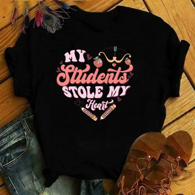 My Students Stole My Heart Printing T-Shirt Women Men Tees Round Neck Short Sleeve Casual Tops Tees