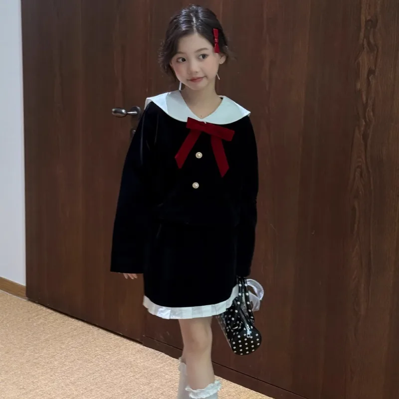Children's suit autumn girls navy wind velvet long-sleeved jacket lace A-line skirt suit middle big children two-piece set