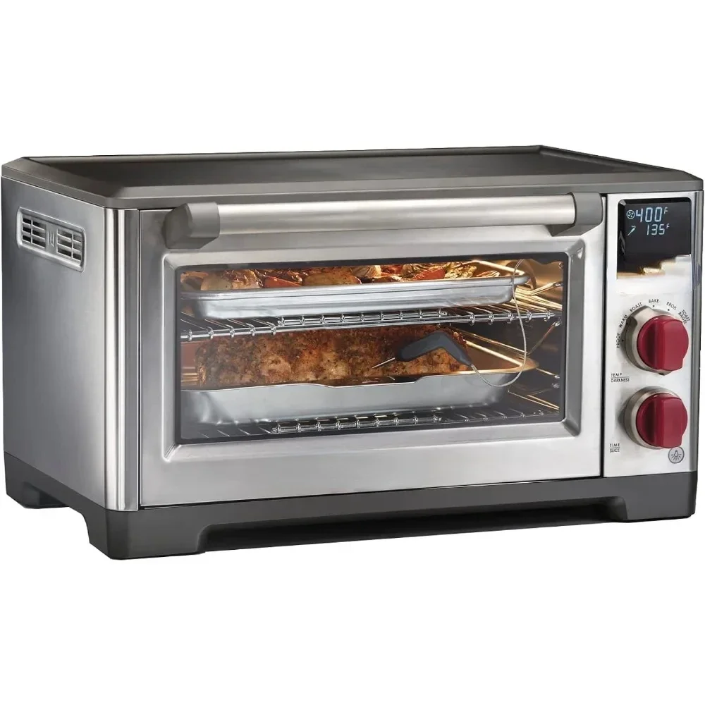 Elite Digital Countertop Convection Toaster Oven with Temperature Probe, Stainless Steel and Red Knobs (WGCO150S)