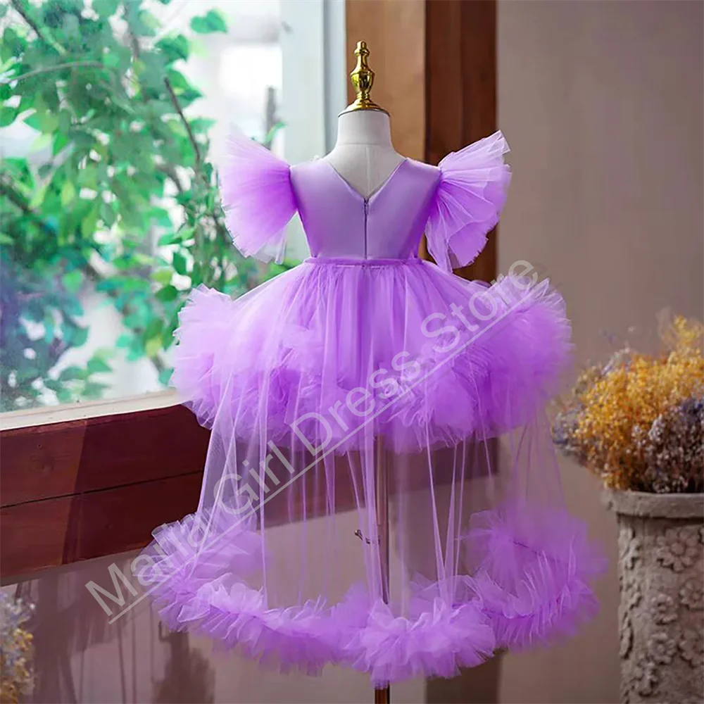 

Flower Girl Dress Fluffy Detachable Trailing Silver Decorative Belt Butterfly Short Sleeve Children's First Communion Dress