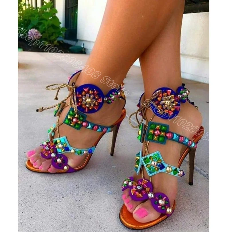 Mixed Rivet Decor Lace up Sandals Stiletto Open Toe Elegant Women British Style Summer Party Shoes 2024 Zapatos Para Mujere