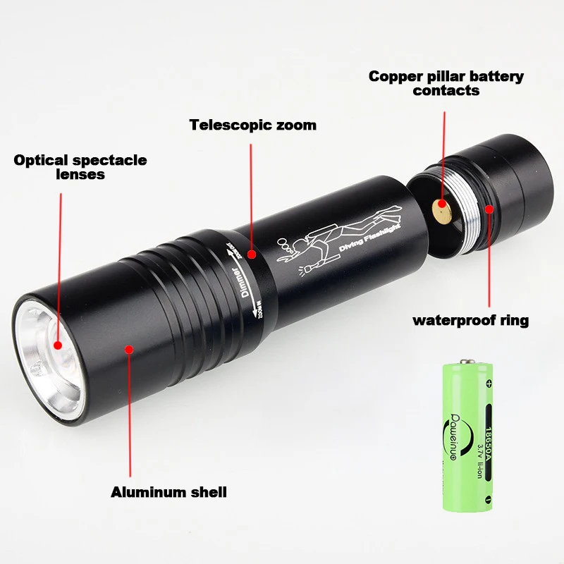 Diving Flashlight IP8 Highest Waterproof Telescopic Zoom Rating Professional Diving Light Powered 18650 Battery With Hand Rope