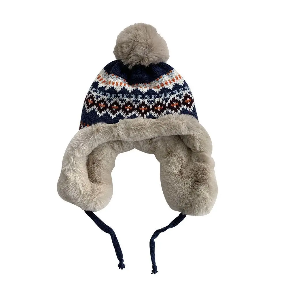 Winter Women Warm Knitted Bomber Hat with Earflap Brand Cute Pom Fuzzy Peruvian Hat Ear-flapped Women Fashion Retro Lei Feng Hat