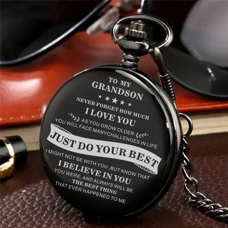 Classic Black Pocket Watch To My Grandson i Love You Boy Men Quartz Analog Clock with Pendant Chain Fob Watch Gift To Kids