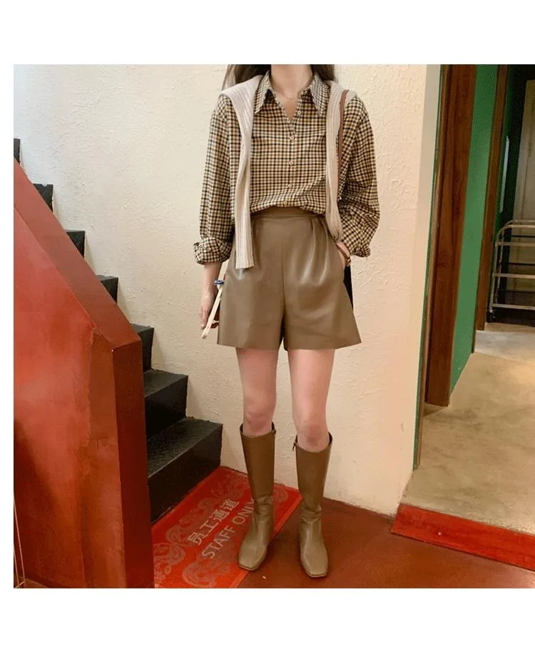 Hemd Frauen Braun Plaid Vintage Einfache Elegante Weibliche Lange Hülse Adrette Tops Alle-spiel Drehen-unten Kragen holz-Knöpfe – Detail 12