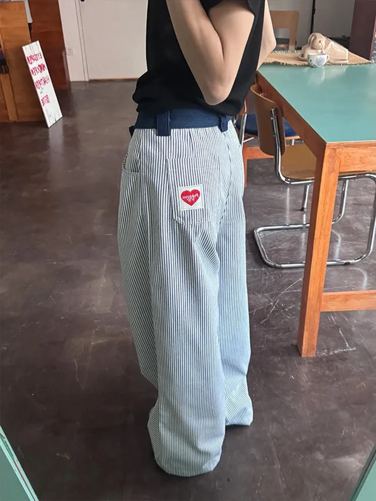 Blue Vertical Striped Embroidered Wide Leg Casual Jeans Men's Autumn Winter Straight Cut Long Trousers Couple's Love Stitch