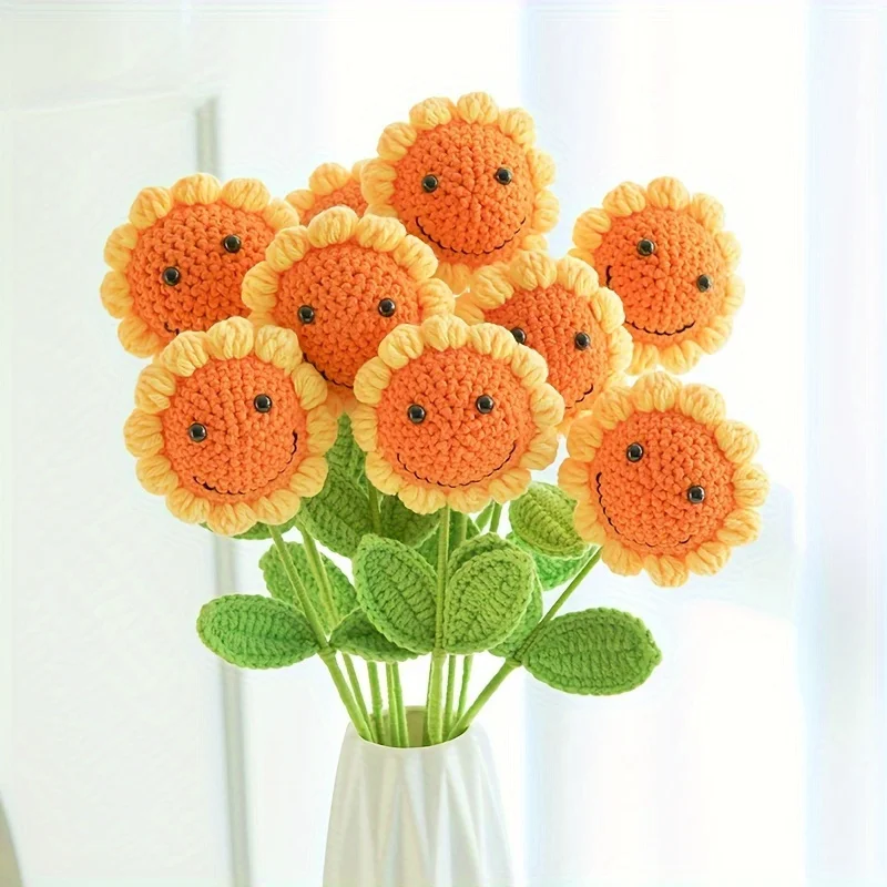 10Pcs Knitted Artificial Smile Face Sunflowers Fake Crochet Hand Woven Flowers with Stem for Home Wedding Party Decoration