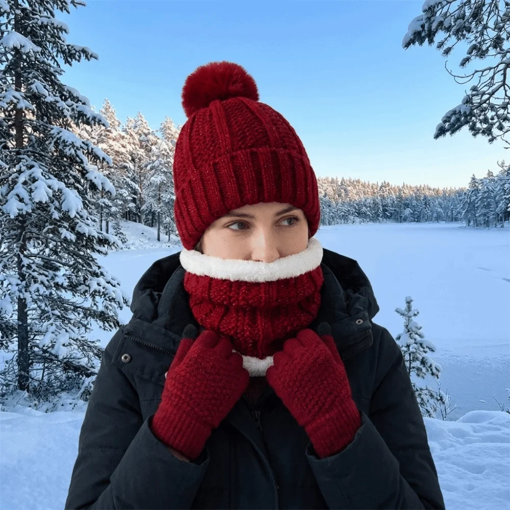 3pcs Fashion Solid Color Hat Scarf Gloves Set Cute Pompom Thickened Knitted Hat with Velvet Keep Warm Beanie Hat Daily