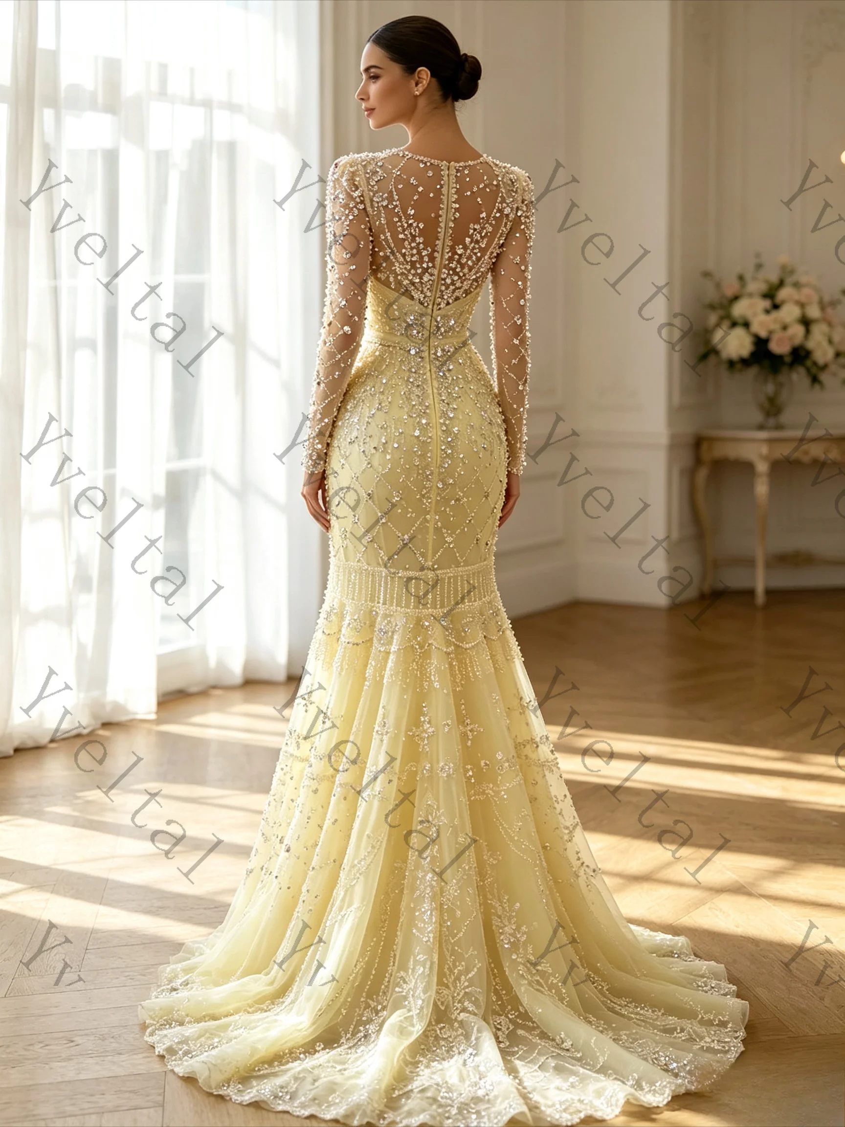 Customized Women Elegant Beaded Crystal Wedding Gown Full Sleeve Sheath Mermaid Floor Length Maxi Dress for After Bridal Party