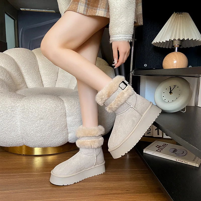 Genuine Leather Thick-soled Snow Boots Women New Style Fur Integrated Short Boots Plus Velvet Anti-slip Fashionable Cotton Shoes