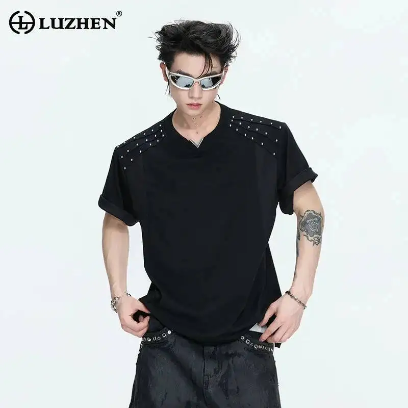 

LUZHEN 2026 Summer Original Personalized Polka Dots Patchwork Shoulder Short Sleeve T-shirts Men's Fashion Handsome Tops JY6486
