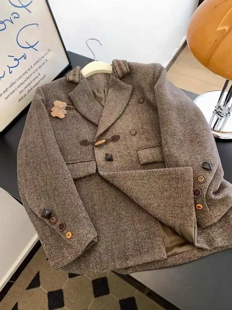 

Women Brown Blazer Jacket Vintage Long Sleeve Outerwear Single Breasted Oversize Suit Coat Harajuku Y2k Emo 2000s Clothes Autumn