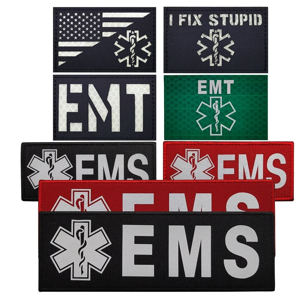 IR Reflective HookLoop Patches EMT EMS Rescue Medical Emergency Night Recognition Military Armband Morale Badge Backpack Sticker