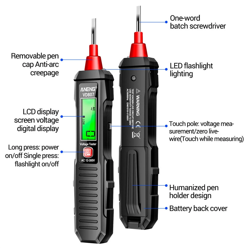 VD807 alat detektor listrik pintar, alat pendeteksi kawat tanpa kontak Portabel induksi satu kata 50/60Hz Sensor NCV AC 12-300V