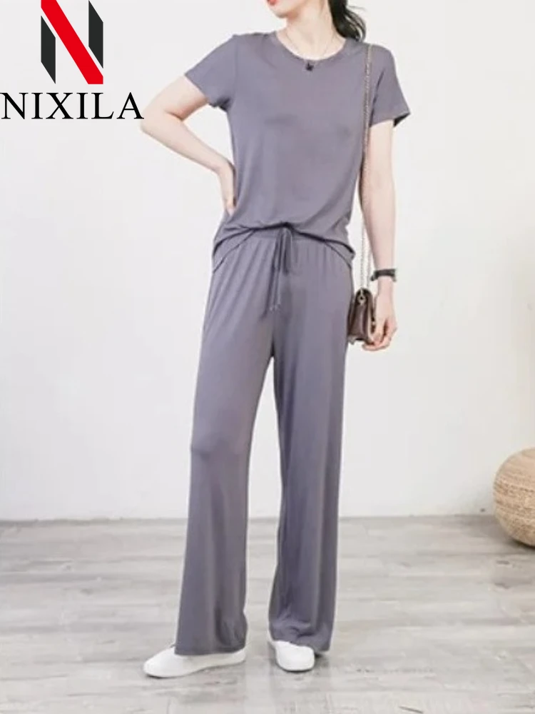 

Spring Summer Kint Modal Women Pants Loose Casual Wide Leg Pants for Women Bottoms Korean Fashion Beige Streetwear Women Clothes