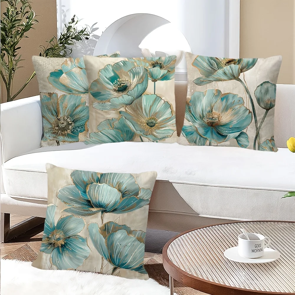 Modern Luxury Style Pillow Covers, Teal & Gold Poppy Floral Print Cushion Cases, Cozy Neutral Home Decor for Bedroom Living Room