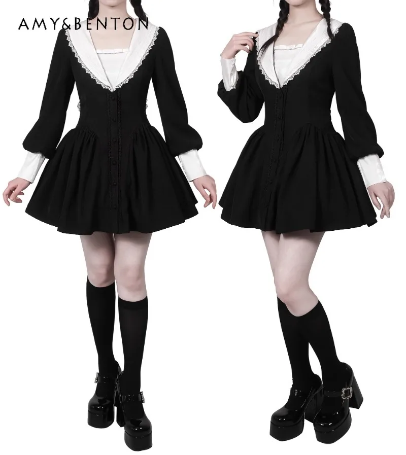 

Subculture Rabbit Ears OP Dress Gothic Dark Navy Collar Long Sleeve Lolita Dress for Women Harajuku Spice Girl Black Mini Dress