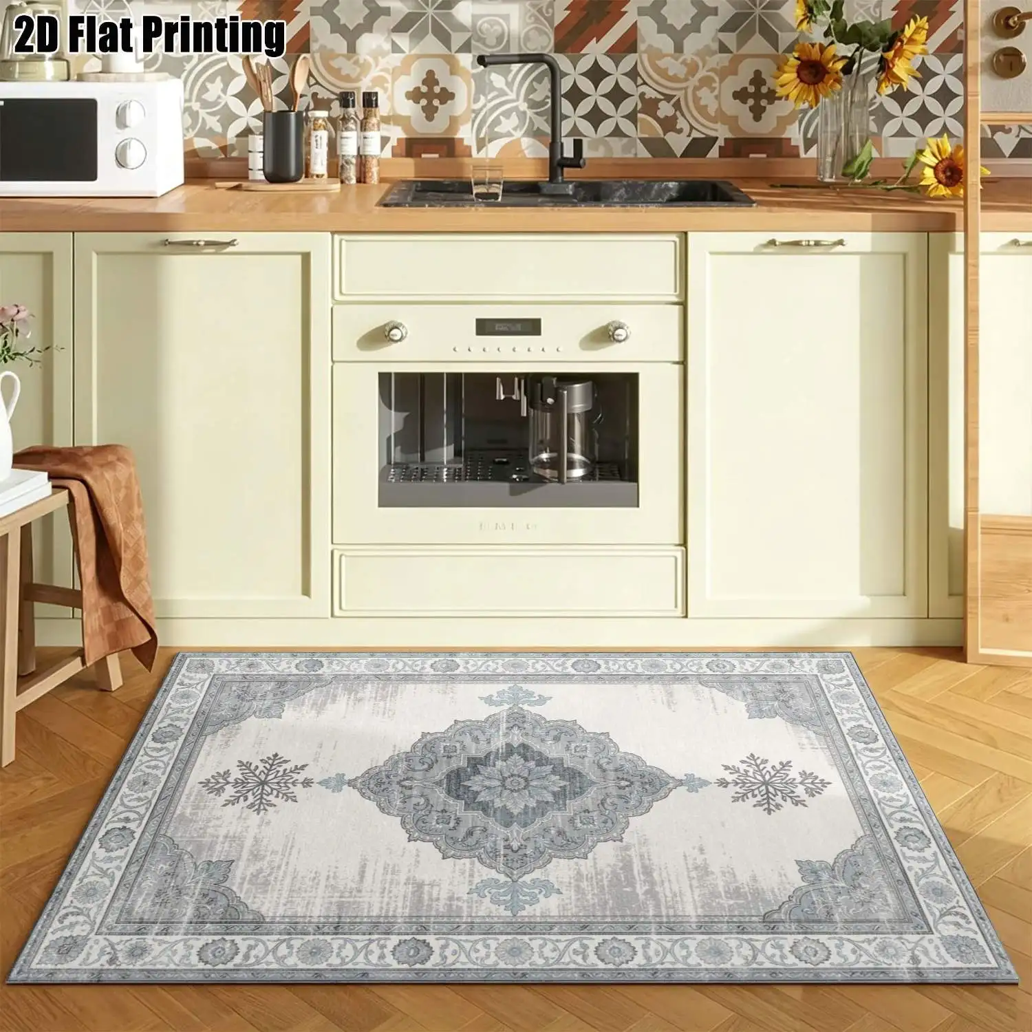 1Pc 2D Printed Carpet: Blue-Grey Retro Floral European-Style Decor Rug, Multi-Size, Machine Washable, Suitable for Entryway, Dining Room, Foyer, Bedroom, Living Room
