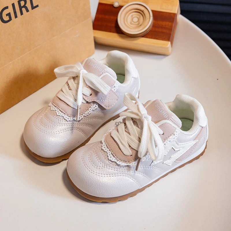 Toddler Girls Retro Sneakers, Cute Ballet Lace Trim Soft Sole Training Shoes, Lightweight Non-Slip Casual Running Shoes
