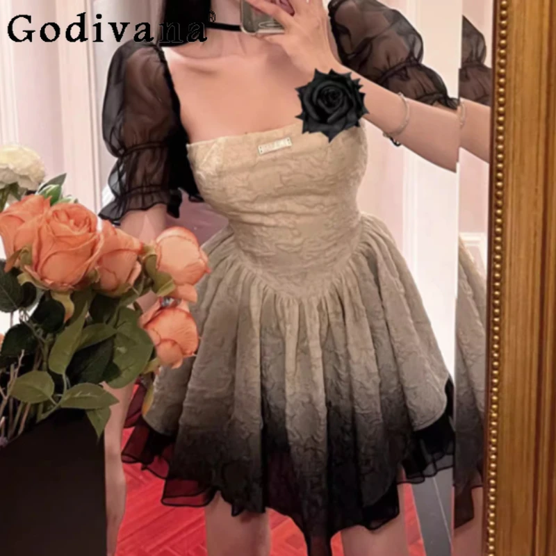 French Retro Gradual Change Color High Waist Square Collar Princess Dress Girl Gauze Puff Sleeve Slim Irregular Korean Dresses