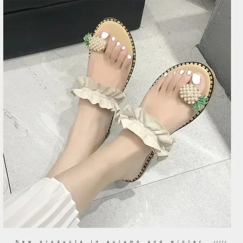 

2025 Women Slipper Pineapple Pearl Flat Toe Bohemian Summer Beach Sandals Ladies Shoes Leisure Outdoor Plus Size Mujer Verano