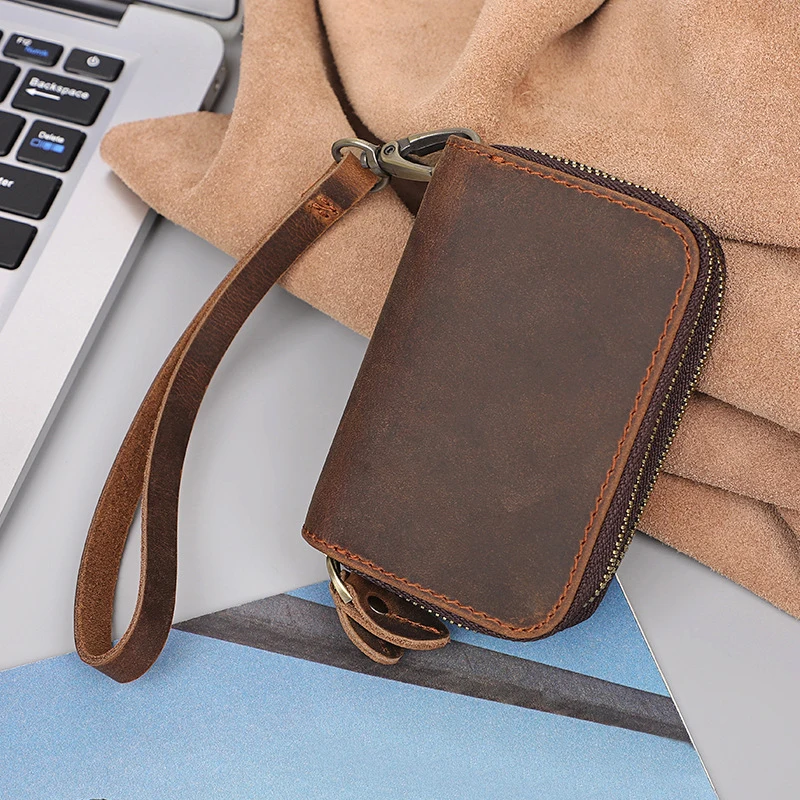 Double Zipper Crazy Horse Leather Retro Card Case Top Cowhide Coin Purse Car Key Keychain Holder with Hand Strap Clutch Bag