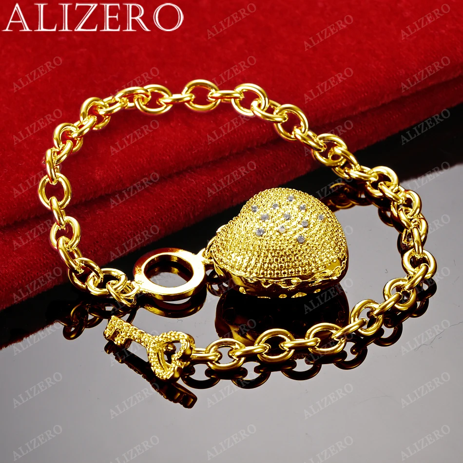 ALIZERO 925 Sterling Silver Plated 18K Gold Bracelet with Zircon Heart Pendant Design Women Fashion Accessories Charm Jewelry