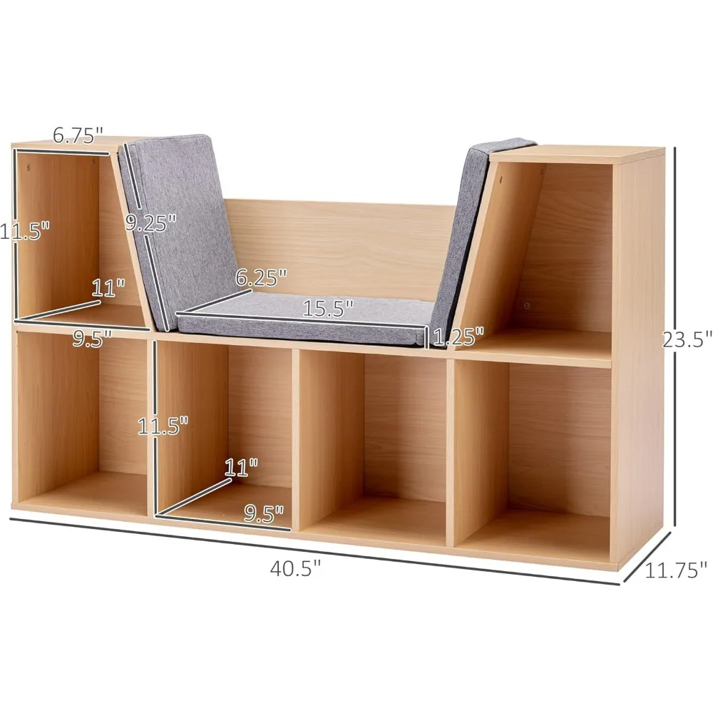 6-Cubby Kids Bookcase with Reading Nook and Cushion, Multi-Purpose Storage Organizer for Bedroom, Living Room