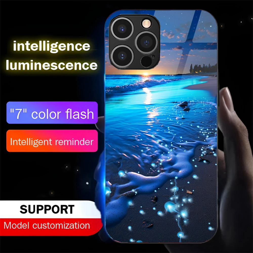 

2025 Beach Starry Sky Smart LED Light Glow Tempered Glass Phone Case For iPhone 16 E 15 14 13 12 11 Pro Max X XR XS Plus SE2020