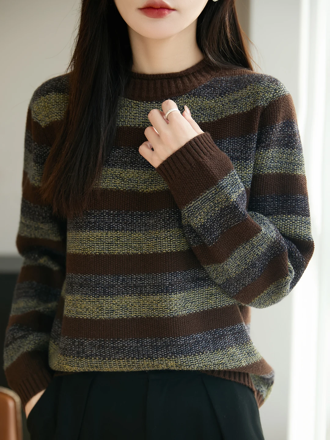 

Retro Striped Thi Knitted Sweater Women's round Ne Overhead Warm Base Layer Top Casual Loose Fit Long Sve Knitwear