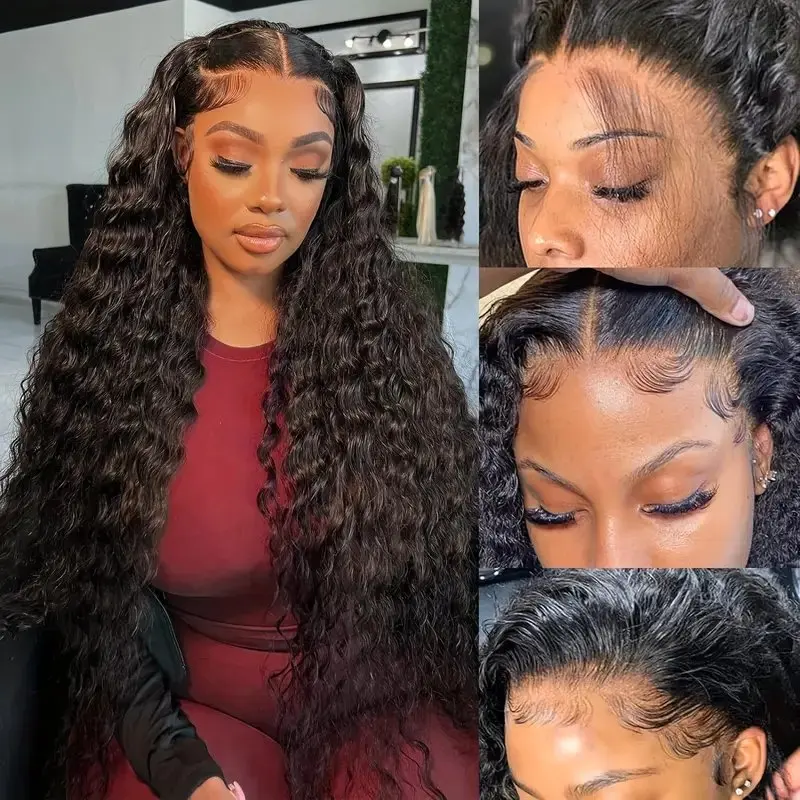 Natural Black 5x5 Lace Front 38 Inches 150 Density Curly Glueless  Deep Wave Frontal Full Wig For Women Human Hair Wigs