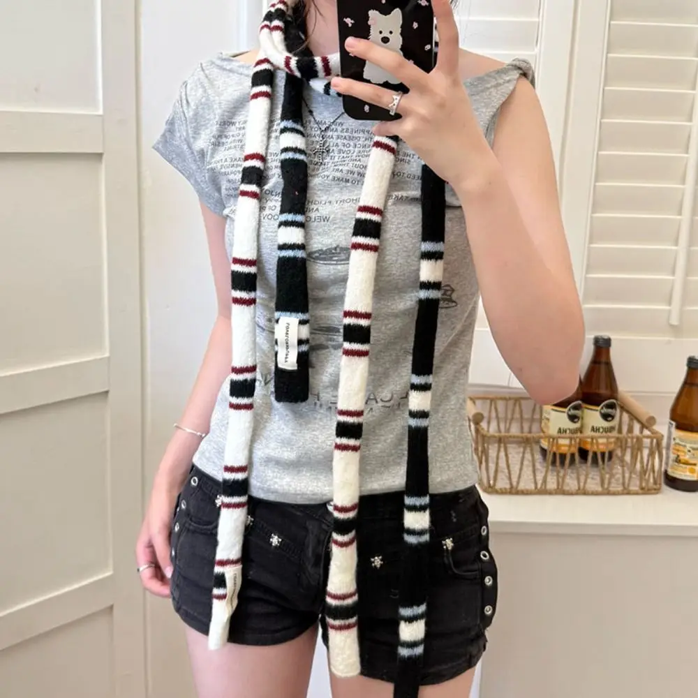 Korean Knitted Striped Skinny Scarf Stackable Wear Warm Strip Neck Scarf Soft DIY Decorative Scarf Women
