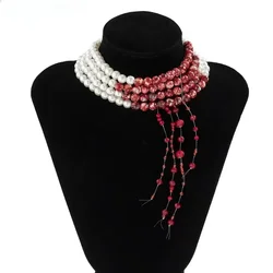 Multilayer Pearl Necklace Choker for Women Red Beads Tassel Short Neck Chain Party Jewelry Joyeria Acero Inoxidables Premium 목걸이