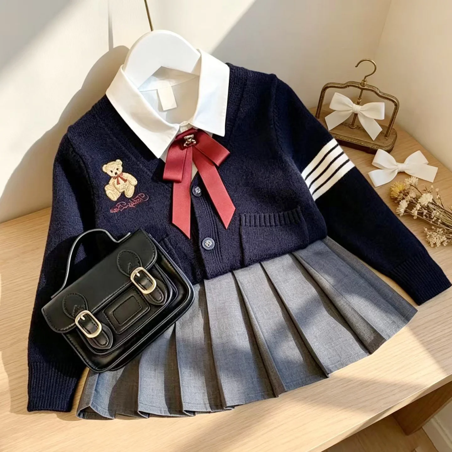 Girls' Preppy School Uniform Skirt Set Knitted Long Sleeve Bear Design Autumn Winter Cotton Polyester Blend Thermal Wear