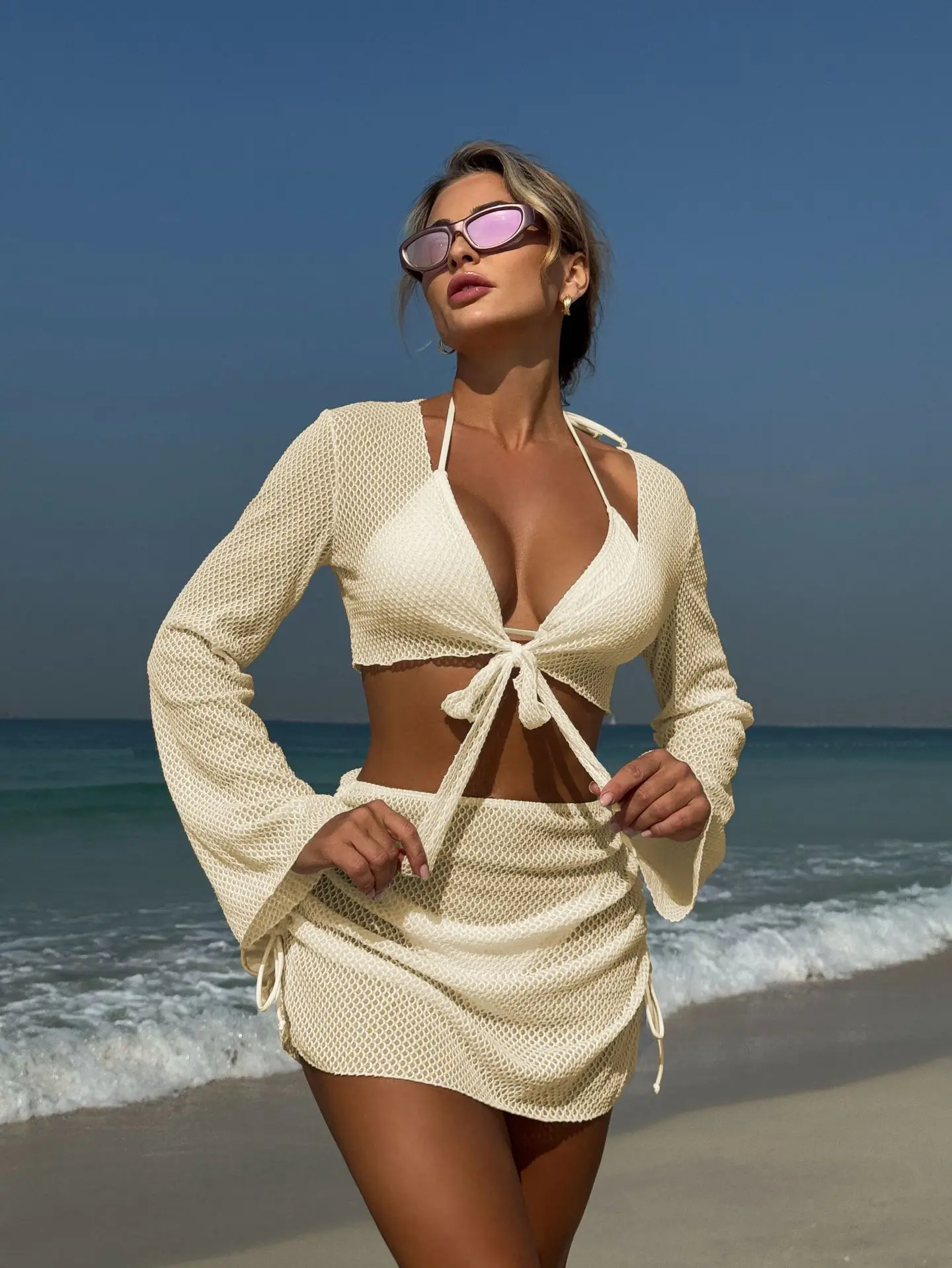 Cikini 4pcs/Set Summer Beachwear: Neck Tie Back Halter Crop Top Bikini Top, High Waist Bikini Bottom, Romper Swimwear Cover Up