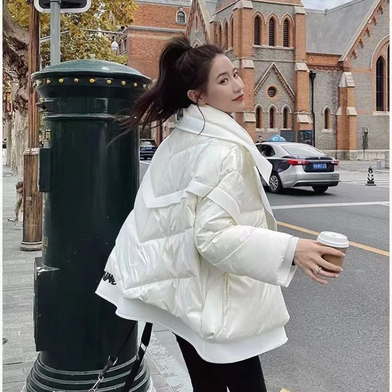 Suit Collar Splicing Letters Down Jacket Women's Overcoat 2023 Autumn Winter New Loose White Duck Down Coat Warm Parker Coat