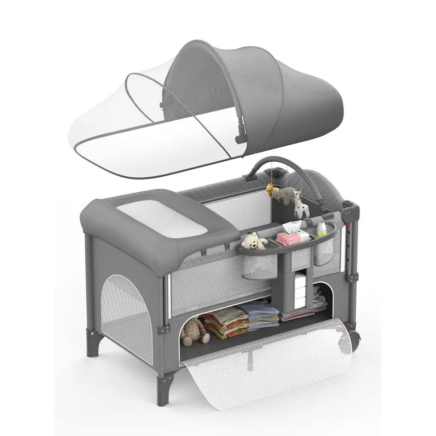 

Bassinet, Pack and Play, 4height Adjustable Bedside Crib Sleeper, Diaper Changing Table with Diaper Pads, Zipper Door, Mosquito