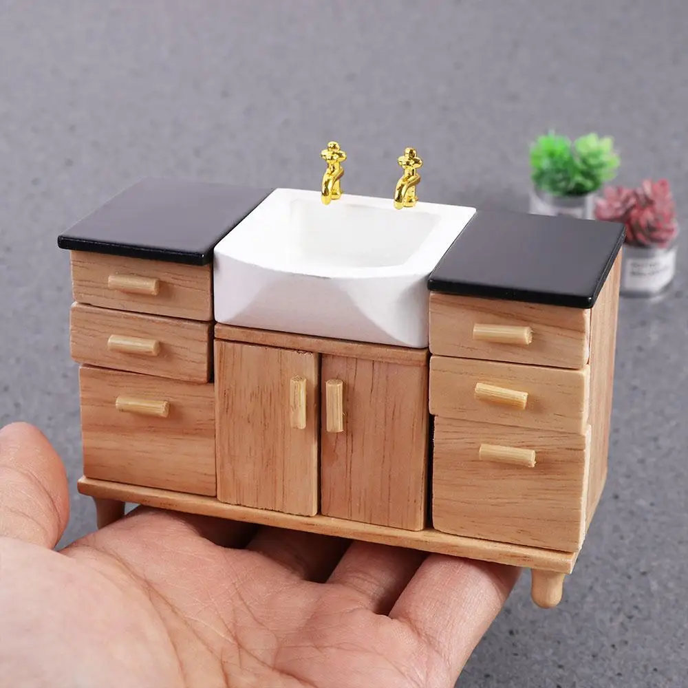 Toy Model Pretend Play Scene Decoration Classic Toys Simulation Wash Basin Cabinet Bathroom Furniture Toys Kitchen Decoration