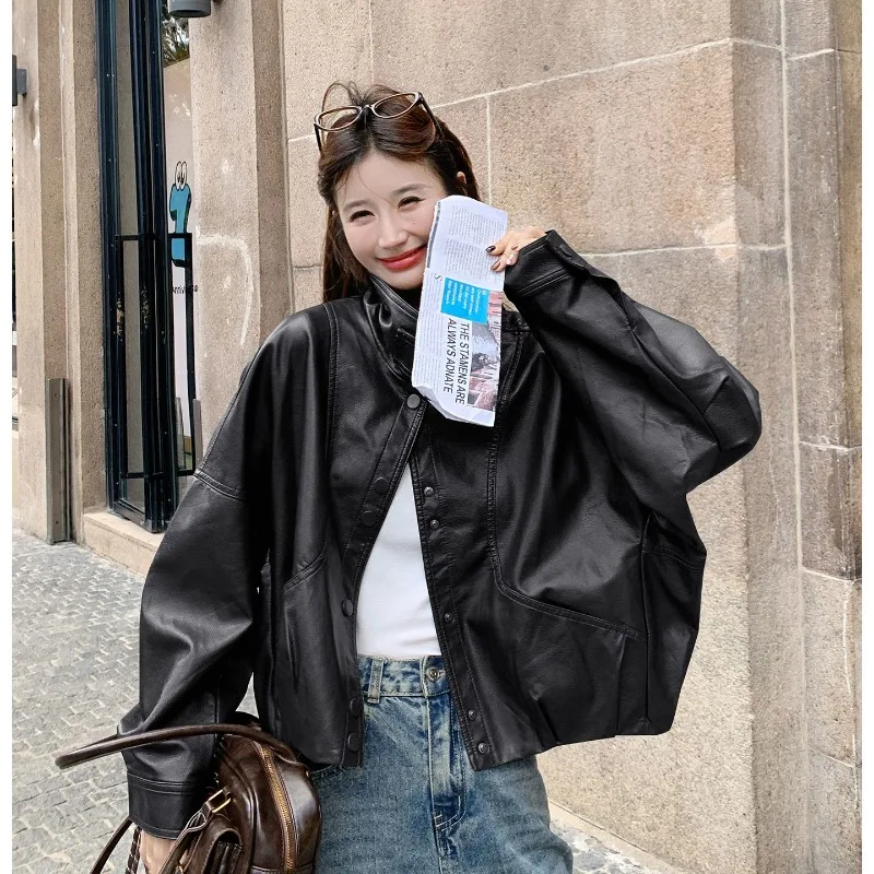 Outcoat Fashionable Black Leather Jacket for Women with High-end Look New Autumn Style Petite Women Paired Leather Jacket Top