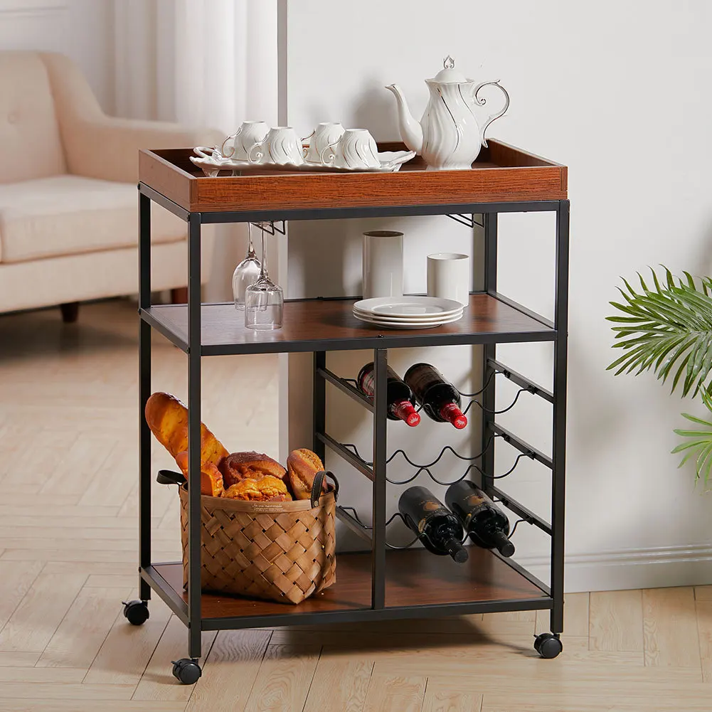 3 Tier Kitchen Trolley with Tea Tray Wood Storage Shelf and Wine Rack, Brown