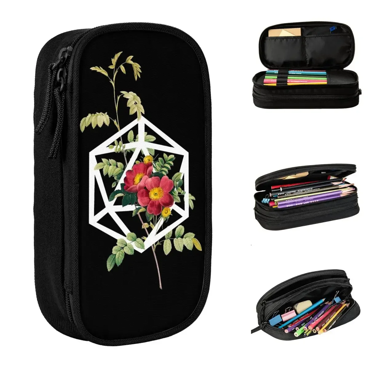 Fun DND Floral D20 Pencil Cases Dungeon Dragon Pencilcases Pen Kids Big Capacity Bag School Supplies Cosmetic Stationery