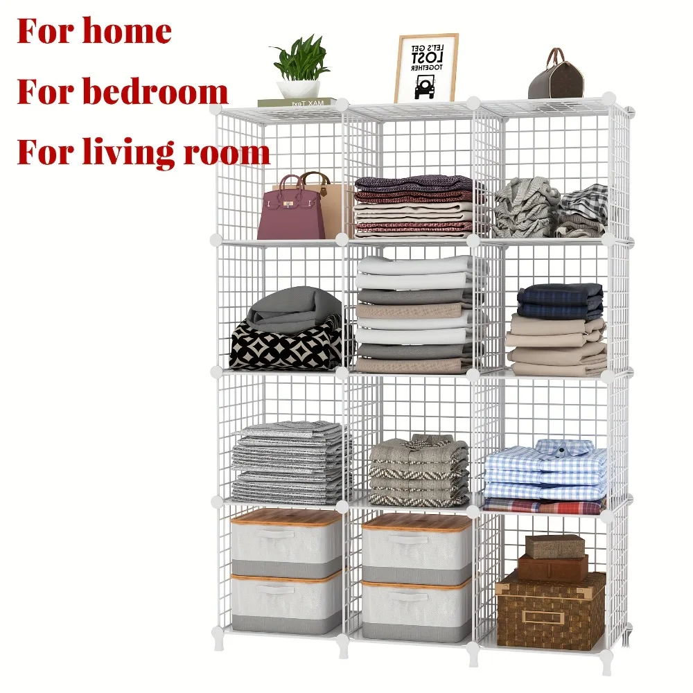 

12-Cube Heavy-Duty Metal Freestanding Wardrobe Organizer Rack with 12-Tier Storage Cubes - Space-Saving Vertical Design