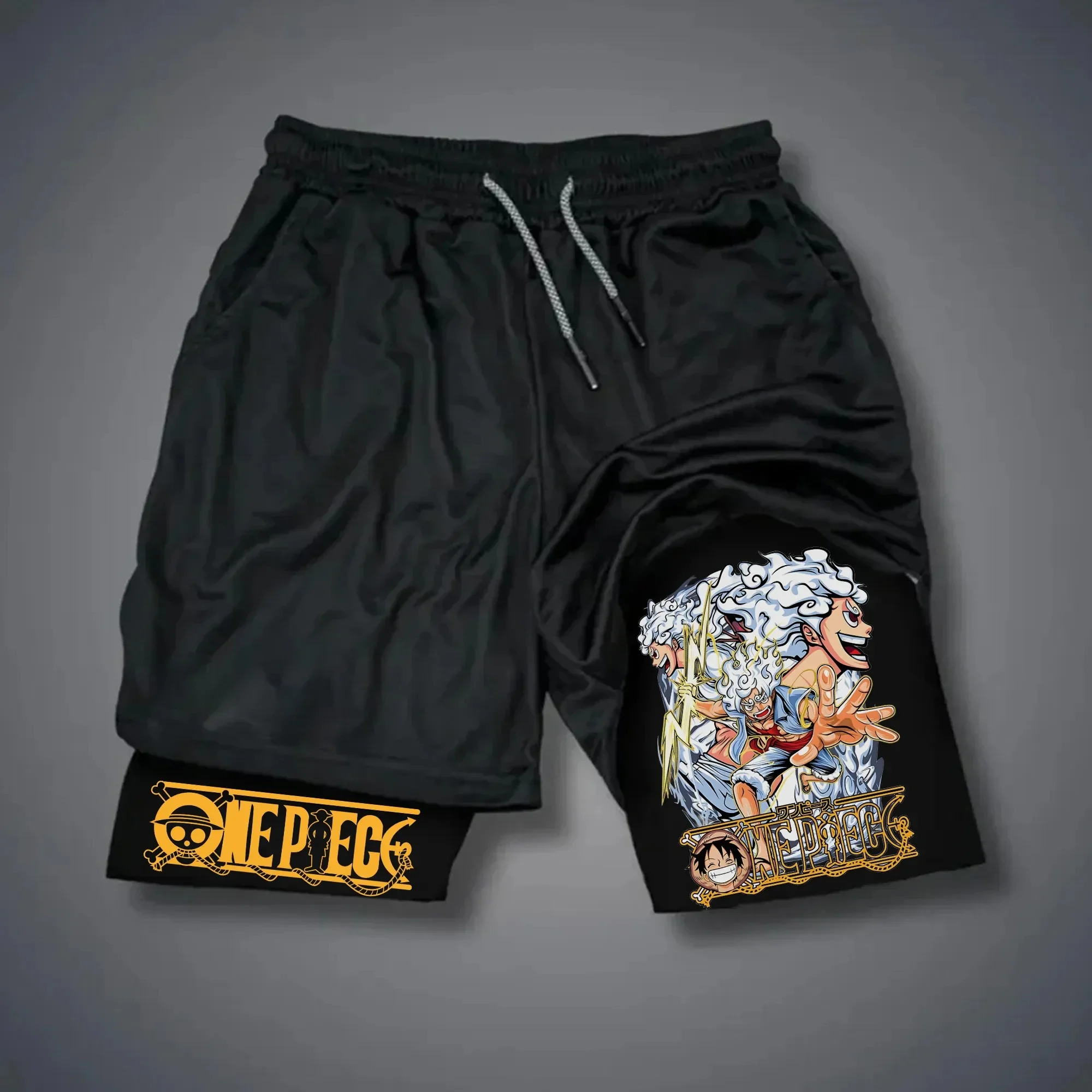 ONE PIECE Animation Peripherie-Produkte Bedruckte Doppellagige Shorts Herren Trendige und Vielseitige Laufshorts 2-in-1 Fünf-Punkt-Hose
